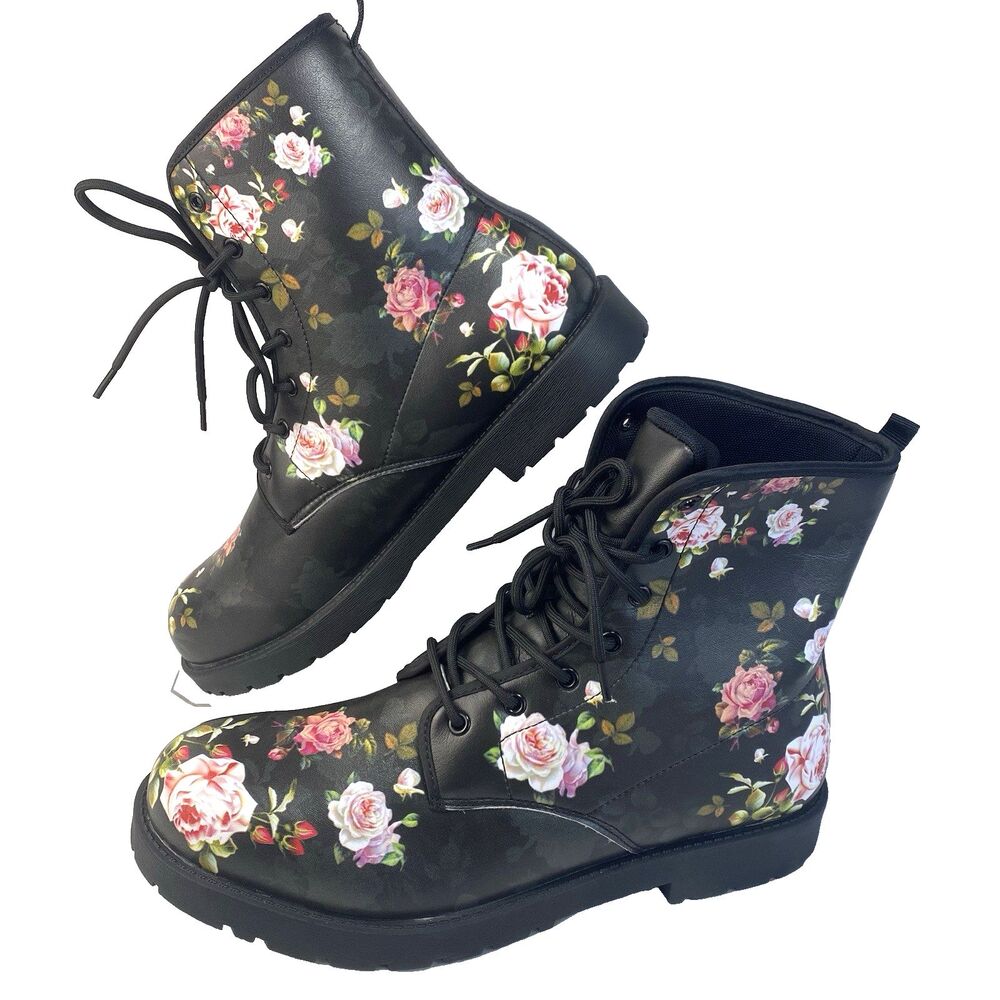 Unbranded Men's US 12 EU 46 Black Floral Design Ankle Combat Boots Lace-Up New